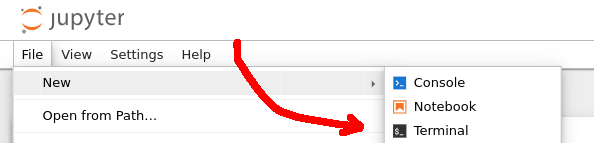 opening a terminal in Jupyter: file > new > terminal